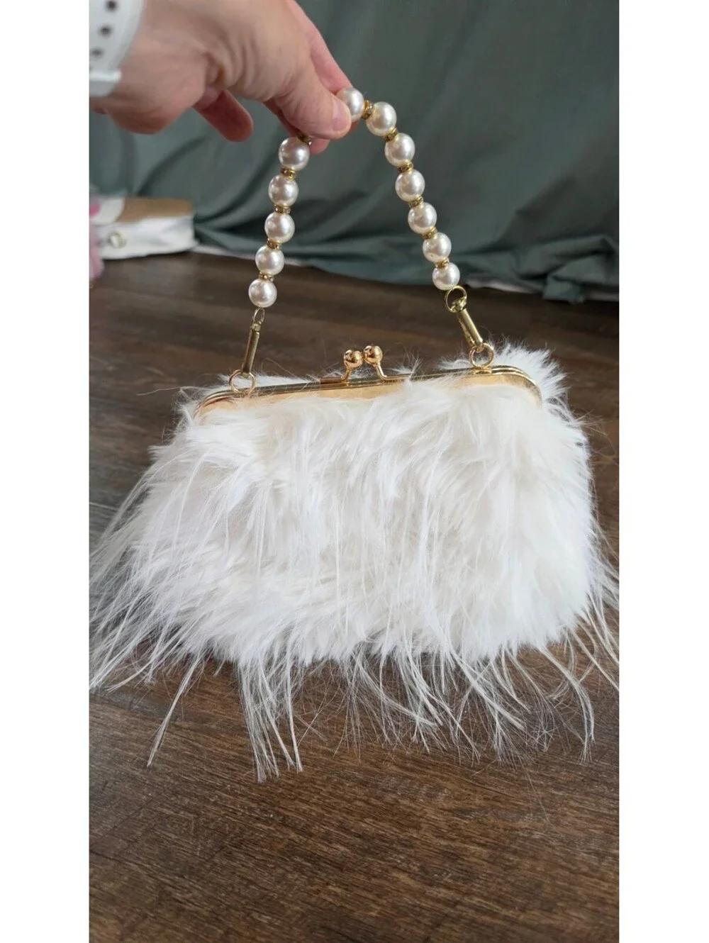 White Faux Fur Clutch Bag with Pearl Handle and Gold Frame